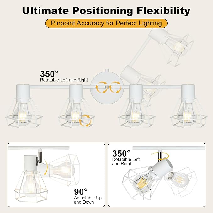 HiBay 4-Light Ceiling Track Lighting Fxiture White, Modern Spotlight, E26 | Rotatable 4 heads with farmhouse metal cage shade for kitchen bathroom vanity dining room, bulb not included