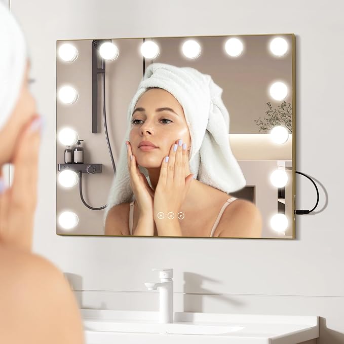 Vanity Mirror with Lights 19.7''x16.6'' Makeup Mirror with Lights Lighted Up Mirror with Dimmable LED Bulbs,3 Color Lighting Modes,USB Charging Port Touch Control,Sturdy Metal Frame Design,Gold