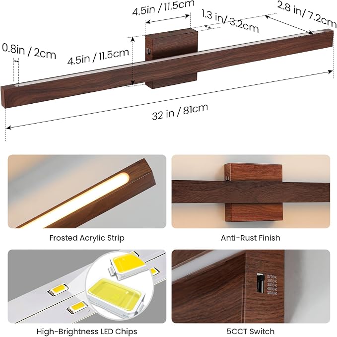 Modern Bathroom Light Fixtures Over Mirror, 32 Inch Brown Wood Finish Vanity Light Bar 26W Dimmable 5CCT LED Vanity Lights for Bathroom Wall Lighting Fixtures Over Mirror