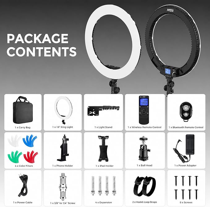 18” Ring Light with Wall Mount Stand and Wireless Remote, 4 Color Filters Bi-Color LCD Display 60W 3000-5800K CRI≥97 Light Ring for Video Recording/Photography/Beauty Shop/Tattoo/Barber