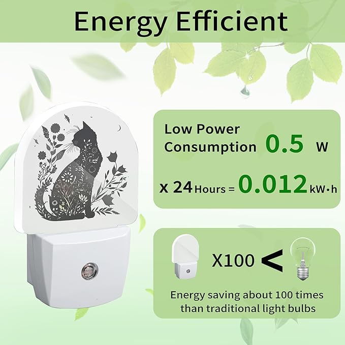 Black Cat Night Light, Cat Flower Night Light Plug into Wall with Dusk to Dawn Sensor, LED Lamp Energy Saving Lights for Men Women Boys Girls,Lamp for Bedroom Bathroom Hallway