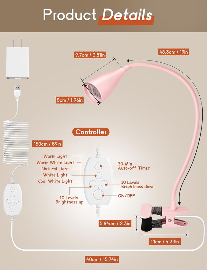 Reading Light for Book in Bed,Clip on Light Reading Lamp with Adapter Pink | 5 Color Modes 10 Brightness, Flexible Eye-Caring Clip on Desk Lamp Book Light for Reading in Bed Headboard Bedside Bedroom