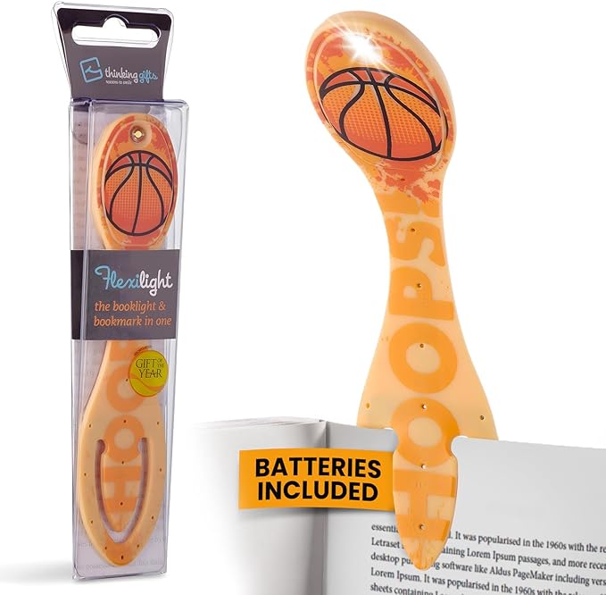 Gifts for Readers & Writers Book Light, Clip On Reading Light for Bed, 2in1 Flexilight & Bookmark, Small & Lightweight with a Soft Glow, 2 Batteries Included, Basketball