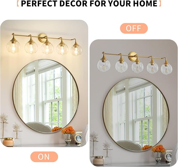 Farmhouse Bathroom Vanity Light Gold 5-Light Vanity Light 39" | Modern Vanity Lighting Fixtures Over Mirror, Thickened Clear Glass Shade, UL E26 Dimmable Vanity Light Fixtures