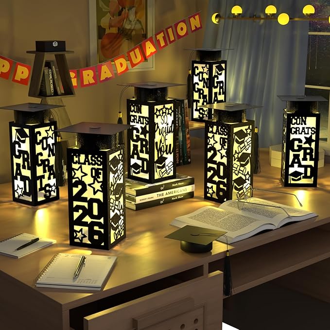 6 Pcs Graduation Table Centerpieces Boxes Class of 2026, Black Graduation Paper Lanterns Boxes with String Lights Hollow Out for Congrats Grad School College Table Decorations Grad Party Photo Props