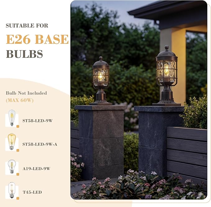 Emliviar 14.4 Inch Oil Rubbed Bronze Pole Lantern Lighting Fixture, Set of Two Water Ripple Glass Outdoor Light Posts for Patio and Pathway, GE255P-L-2 ORB-WG