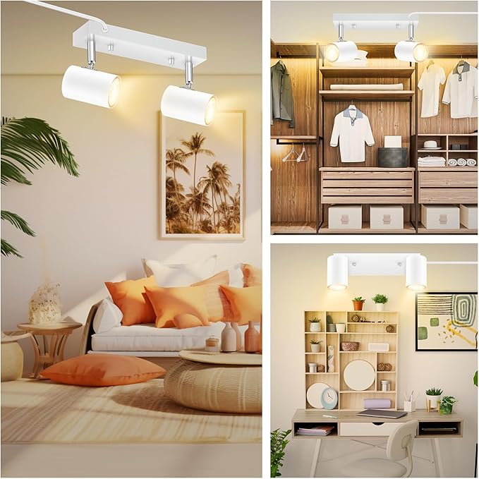 2 Light Track Lighting Kit,White 2 Way Flexible Plug in Ceiling Spotlight,Industrial LED Wall Light for Kitchen Cabinet Gallery Bar Hallway Living Room,Rocker Switch,15 ft Cord(No Bulb)