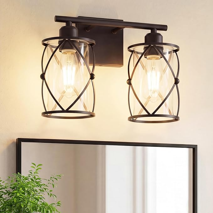2-Light Oil Rubbed Bronze Bathroom Light Fixtures Over Mirror, 13.2" UL-Listed Modern Farmhouse Wall Sconce Lights with Clear Glass and Metal Cage for Bath, Hardwire E26, CH9176ORB-2W