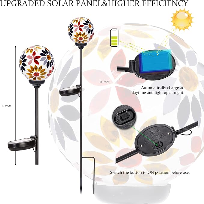 VCUTEKA Decorative Solar Garden Lights, 3.5" Mosaic Globe Outdoor Stake | Mosaic Glass Globe Design, Solar LED Light, Waterproof Design, Auto On/Off and Metal Stake Design for Lawn and Patio