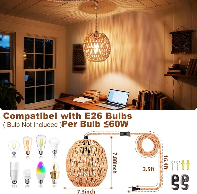 Maliralt Hanging Lamps Rattan Pendant Light Hanging Lights 16.4ft Plug in Cord Pendant Light Fixture Plug Into Wall Outlet Pendant Lighting with On Off Switch for Bedroom Living (Egg Shade)