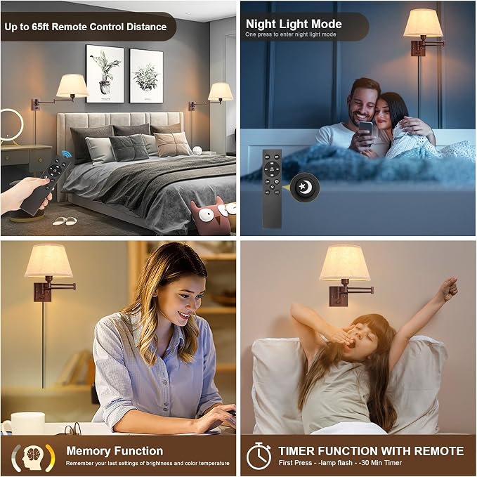 TRLIFE Wall Sconce Plug in, Remote Control Dimming 10-100% and Adjustable Color Temperature 2700K-6500K Swing Arm Wall Lights with Plug in Cord, 11.8" Large Beige Fabric Shade(2 Pack, Walnut Color)