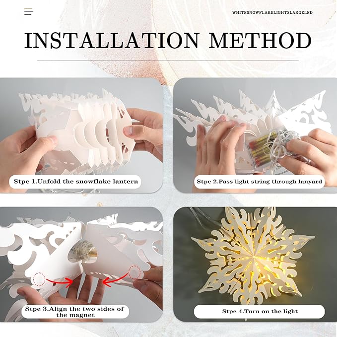 3Pcs Christmas Paper Snowflake Lanterns, Large Christmas Paper Star Lanterns with Lights & Banner White Hanging Snowflake Lamps for Xmas Winter Frozen Weddings Birthday Holiday Party Decorations