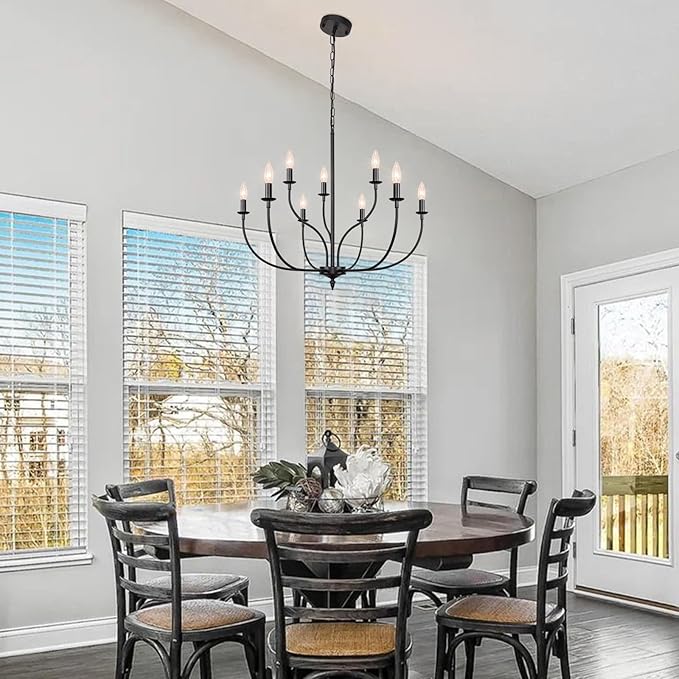 Black Chandelier, 9-Light Farmhouse Chandelier for Dining Room Lighting Fixtures Hanging, 2-Tier French Country Candle Chandeliers for Living Room Bedroom Foyer(Frosted Black)