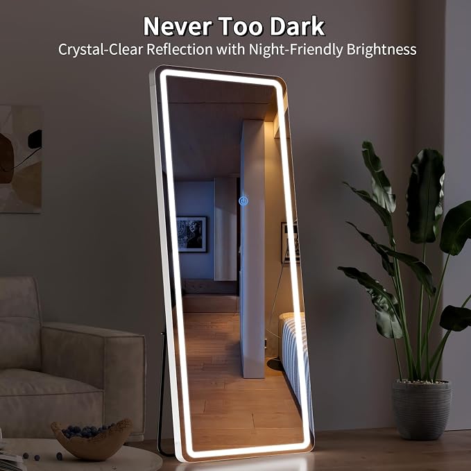 Koonmi Full Length Mirror with LED Lights, 65"x26" Lighted Mirror with Dimming & 3 Color Lighting, Big Mirror for Bedroom, Dressing Room, Rectangle,White