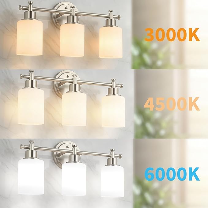 3-Light Bathroom Vanity Light Fixtures, Brushed Nickel Bathroom Wall Sconce, Modern Sliver Vanity Light with Milky White Glass Shade Over Mirror, Bathroom, Bedroom, E26 Base, 17 Inch