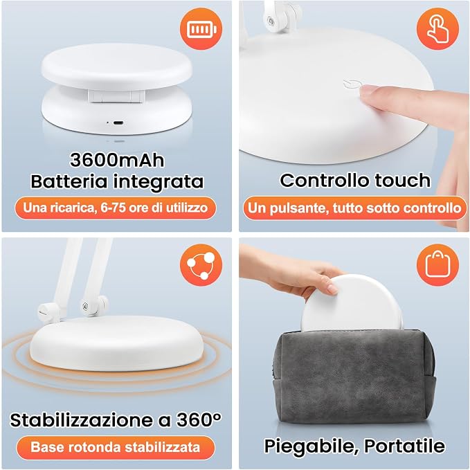 Battery Battery Operated Cordless Rechargeable Lamp - 3600mAh 10 Brightness Wireless LED Desk Table Lamp, Small Mini Portable Battery Powered Light for Home Office, Reading, Nail Light