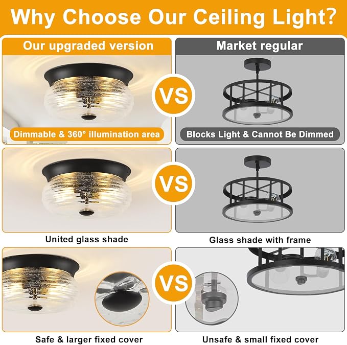 Black Flush Mount Ceiling Light Fixtures, 2-Light Ceiling Mount for Modern with Clear Air Bubble Glass Shade, Industrial Flush Mount Light Fixture Farmhouse for Hallway Kitchen Bedroom Foyer Entryway