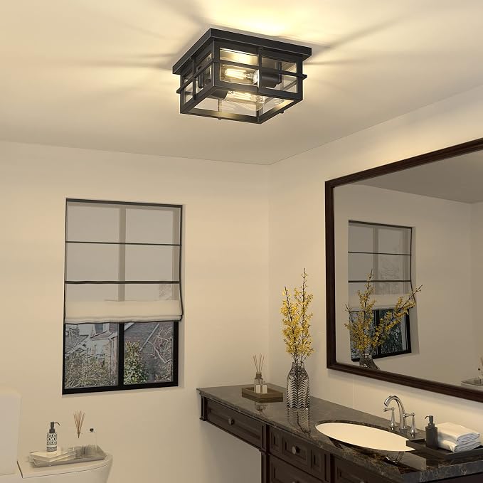 Asnxcju Modern Outdoor Ceiling Light Fixtures, 2-Light Black Flush Mount Light Fixtures with Clear Glass Shade, Farmhouse Square Ceiling Lighting for Porch Bathroom Kitchen (Bulbs Not Included)