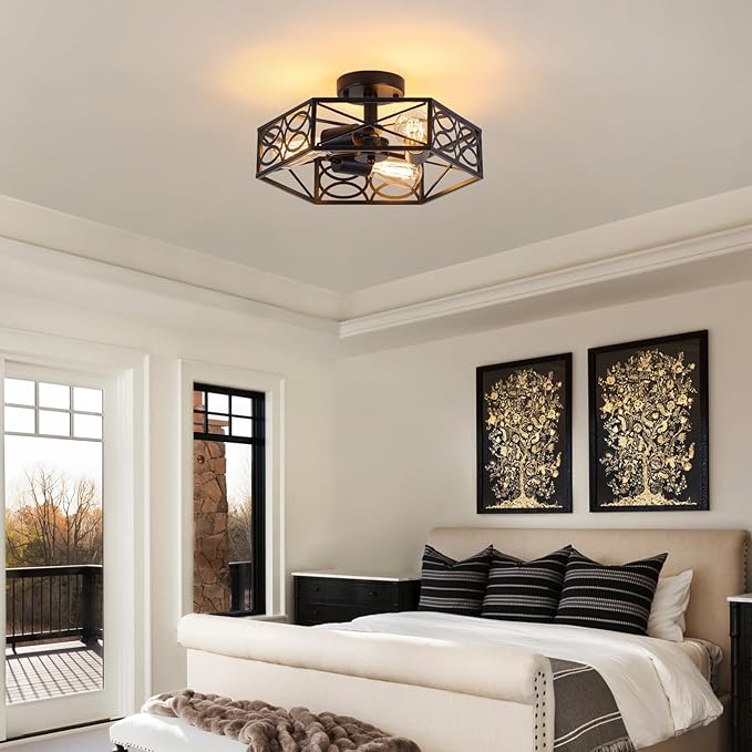 Modern Black Semi Flush Mount Ceiling Light Fixture, Industrial Close to Ceiling Light with Metal Hexagon Cage, Vintage Farmhouse 3-Light Ceiling Lamp for Kitchen, Hallway, Bathroom