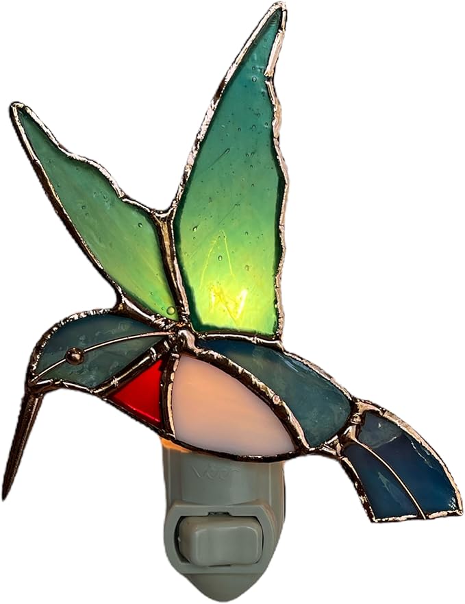 Gift Essentials Hummingbird Plug in Night Light - Stained Glass Nightlight with On/Off Rocker Switch - Includes One 4 Watt Replaceable Incandescent Warm Glow Bulb
