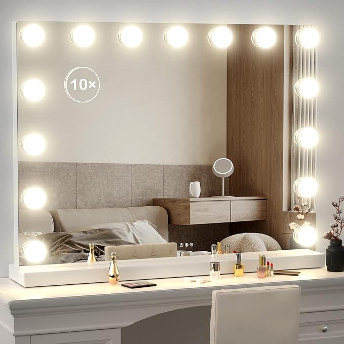 Gvnkvn Vanity Mirror with Lights Lighted Makeup Mirror with 15 Dimmable LED Bulbs,3 Color Lighting Modes,USB Charging Port Touch Control,Sturdy Metal Frame Design 24x18 Inch,White