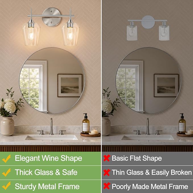 MOKATNG 2-Light Bathroom Light Fixtures, Brushed Nickel Vanity Lights for Bathroom with Clear Glass, Bathroom Lighting Fixtures Over Mirror, Modern Wall lamp for Cabinet Hallway