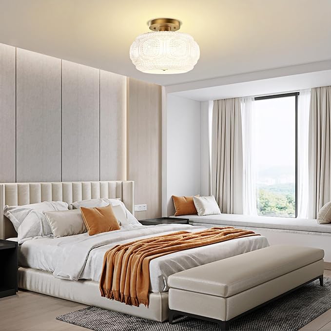 Semi Flush Mount Ceiling Light, Upgraded Larger Milk Glass Shade Modern Ceiling Light Fixture, Vintage Gold Lighting for Hallway Bedroom Entryway Kitchen Porch