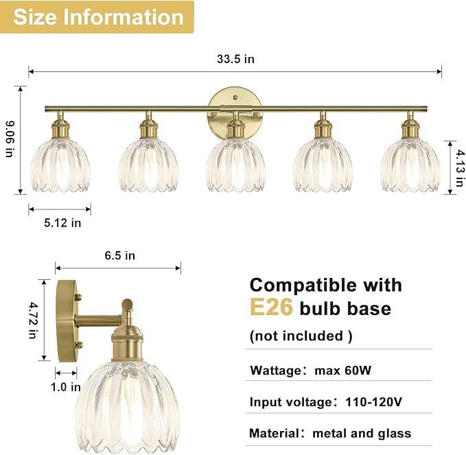 Vintage Bathroom Light Fixtures,5-Light Hardwired Vanity Lights with Clear Tulip Glass Shade,Gold Bathroom Vanity Light for Mirror Restroom,E26 Socket,33.46 in(Bulbs Not Included)