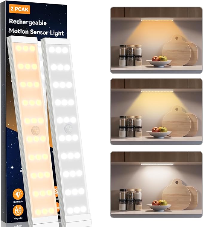 2 Pack Closet Lights, Rechargeable Under Cabinet Lighting, 30 LED Motion Sensor Light, Dimmable, 3 Color Temperatures Counter Lights for Kitchen, Pantry, Bedroom, Wardrobe