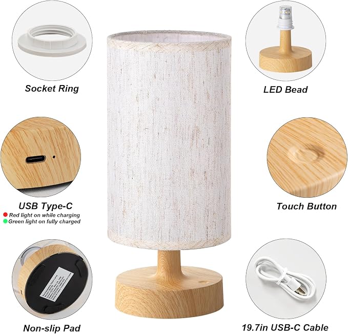 Kakanuo Cordless Table Lamp Rechargeable Small - 1 Pack Beige Wood, 4000mAh Battery Operated Lamp with Touch Control Stepless Dimming, Wireless Lamp for Bedside, Nightstand, Bedroom, Living Room