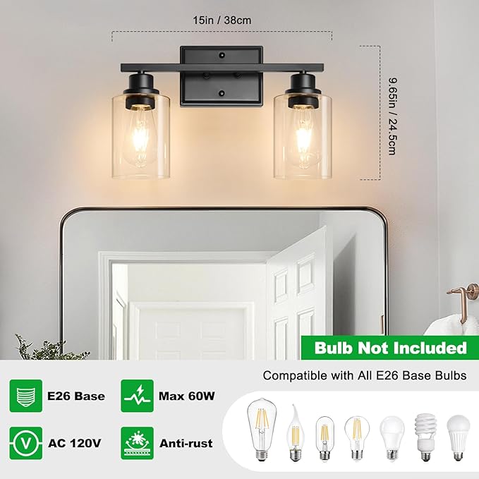 Unicozin 2 Light Bathroom Light Fixtures, Modern Vanity Lights Over Mirror, Black Wall Lamp with Clear Glass for Living Room Cabinet Bedroom Porch