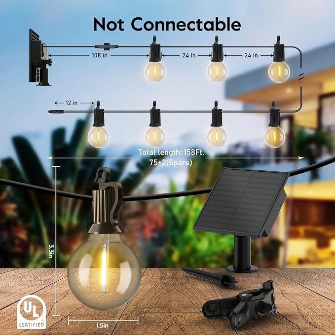Minetom 158FT Solar String Lights Outdoor Waterproof Solar Powered | Patio Lights with Cable Ties and Hooks, 75 LED Shatterproof Bulbs, Commercial Hanging Light for Outside Backyard Garden Decor
