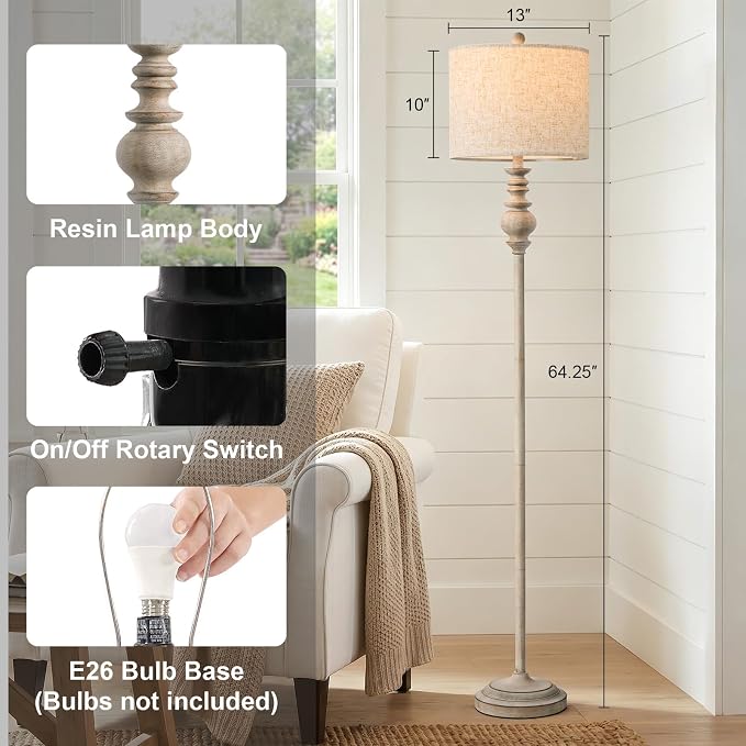 BOBOMOMO 64.25" Farmhouse Floor Lamp for Living Room, Tall Antique Gray Standing Lamp with Rotary Switch, Vintage Reading Lamp for Bedroom & Nursery, Rustic Home Decor Corner Lamp
