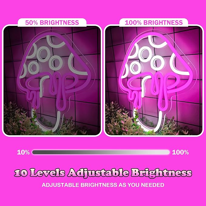 Mushroom Neon Sign Dimmable Led Neon Light Cute Neon Mushroom Sign Night Light 3d Wall Art Mushroom Neon Signs For Wall Decor Game Room Bedroom Decor Holiday Gift For Children Kids Girl (Pink)