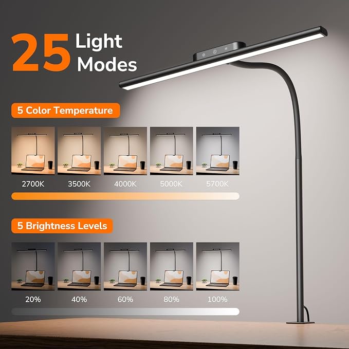 Lepro Led Desk Lamp for Home Office, Desk Light with Clamp, 11W 700LM Black | Clip on Task Light, Eye Caring 25 Lighting Modes, Flexible Gooseneck, Architect Lamp for Monitor, Workbench, Draft, Crafts
