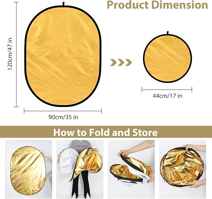 UTEBIT 35"x47"/90x120cm Photography Reflector with Stand & Clamp, 5-in-1 Oval Foldable Reflector with Carrying Bag,Translucent/Silver/Gold/White/Black Photography Reflector for Studio&Outdoor Lighting