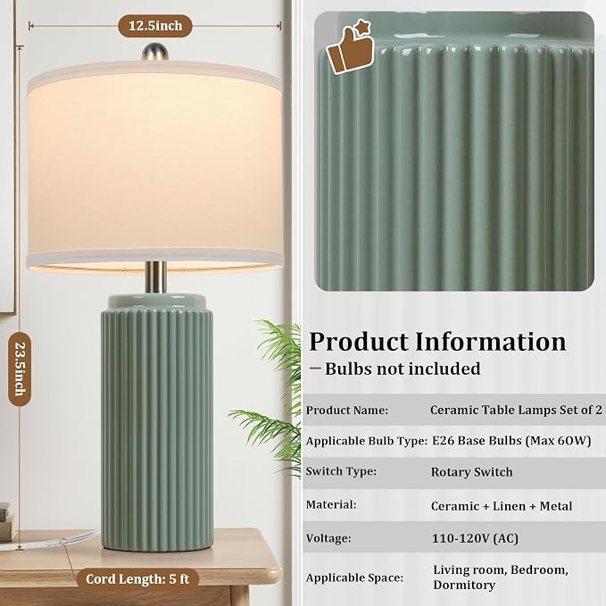 23.5" Green Ceramic Table Lamps Set of 2, Modern Nightstand Lamps | Bedside Table Lamps with White Linen Shade, Ideal Size, Farmhouse Home Decor for Living Room Bedroom Office End Table Dorm
