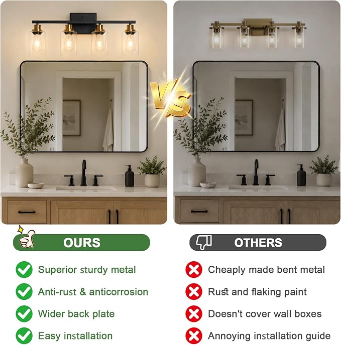 Ascher Bathroom Light Fixtures, 4-Light Vanity Lights with Clear Glass Shade, Modern Black and Gold Wall Light for Mirror Bedroom Hallway Cabinet Porch
