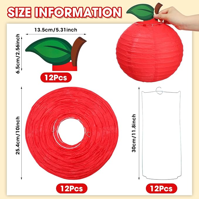 12 Pcs 10 Inch Back to School Decoration Red Apple Orchard Theme Hanging Paper Lanterns First Day of School Party Decor for Kindergarten Preschool Classroom Ceilings Decor Birthday Supplies