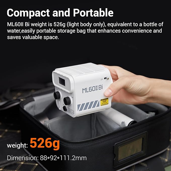 Godox ML60IIBi Bi-Color LED Video Light,70W Portable COB Continuous Output Lighting 2800K-6500K CRI 96+/TLCI 97+,11 FX Effects, APP Control Ultra-Quiet Handheld LED Light with AK-B01 Battery Base