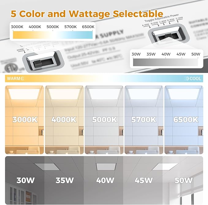 8 Pack 2x2 LED Flat Panel Light, 5CCT Selectable 3000/4000/5000/5700/6500K, 30/35/40/45/50W 5500Lm 0-10V Dimmable 2x2FT LED Troffer Light Drop Ceiling for Commercial Office