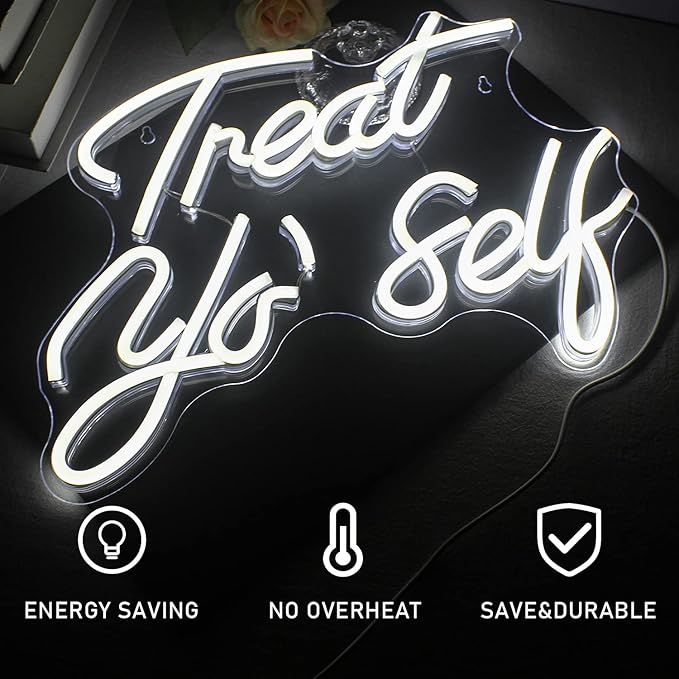 Treat Yourself Neon Sign White Led Word Neon Lights Usb Neon Light Signs for Bedroom Home Light Up Letter Neon for Birthday Party Gifts
