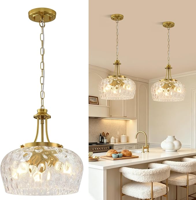 Modern Pendant Lights Kitchen Island, 3-Light Gold Pendant Light Fixtures with 14.2" Clear Hammered Glass Shade, Industrial Hanging Pendant Lights Fixture for Kitchen Island, Dining Room, Entryway