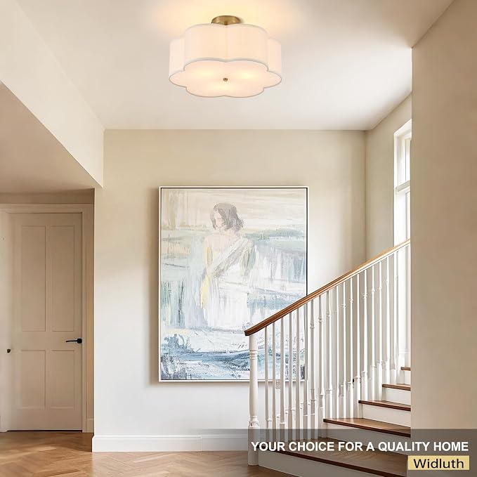 18" Modern Gold Drum Ceiling Light, 3-Light Semi-Flush Mount | Linen Drum Shade, Gold Metal Frame, Modern Style for Laundry Rooms, Kitchens, Basements, Dining Rooms, and Bedrooms, E26 Base