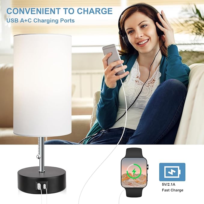 ROTTOGOON 3-Color Temperature Bedside Lamp Nightstand Lamp with USB A Port and C Port, Table Lamp for Bedroom with LED Bulb Small Lamps for Living Room (White)