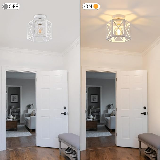 XSDeTu 2 Pack White Semi Flush Mount Ceiling Light, Modern Hallway Light Fixture, Vintage Metal Hexagonal Ceiling Lamp for Kitchen Entryway Porch