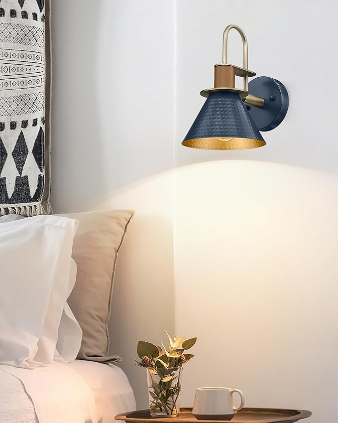 HWH Rustic Wall Sconces, Industrial Sconce Wall Lighting Indoor Wall Lamp, 1-Light Barn Vanity Light for Bathroom Bedroom Bedside, Hammered Metal Shade, Navy Blue Finish, 5HZG74B BL+BG