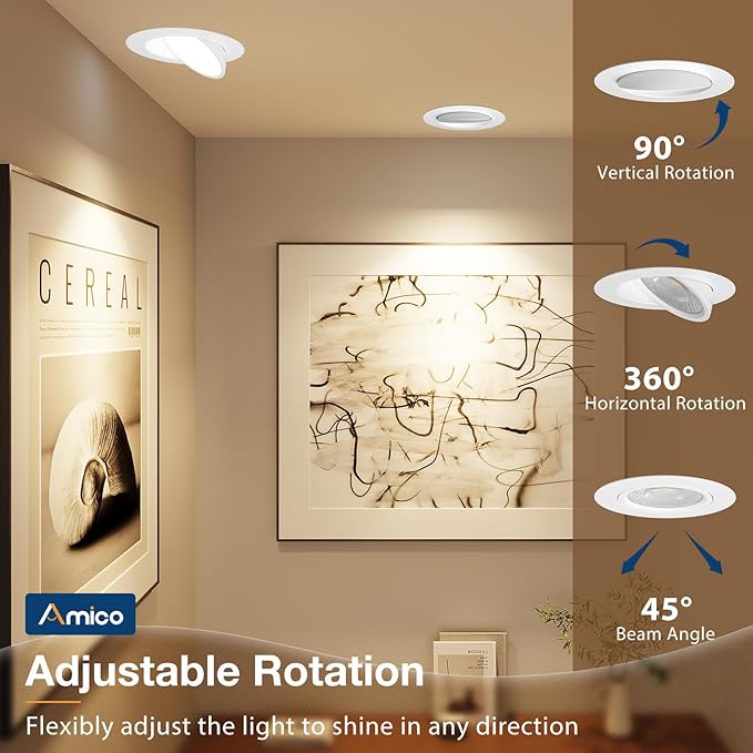 Amico 6 Pack 4 Inch 5CCT Gimbal LED Recessed Lighting, 360°&90° Adjustable Eyeball Directional Downlight, Dimmable, 2700K/3000K/3500K/4000K/5000K Selectable, CRI90+ 9W 700LM, ETL&FCC