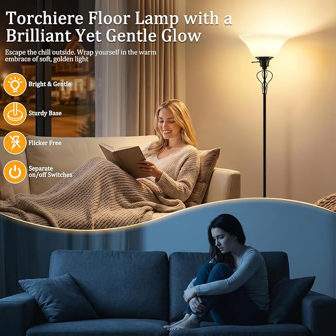 Floor Lamps for Living Room, 70" Tall Torchiere Floor Lamps, Plastic Shade | Bright Standing Lamp, Uplight, Stand Up Lamps Skinny Corner Lamp for Bedroom, Office, Dorm Room Decor, Separate On/Off Switch