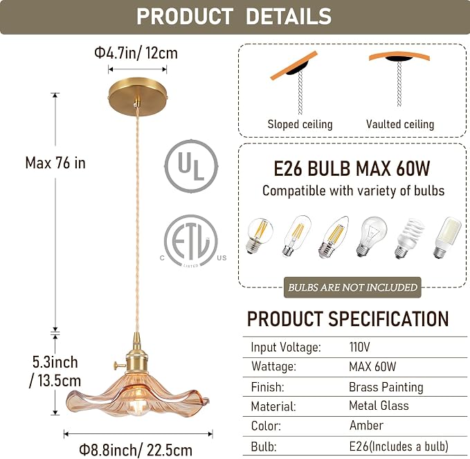 Glass Pendant Light Vintage Light Fixtures,Amber Modern Chandelier Pendant,E26 8.8" Adjustable Hanging Light,Flower Pendant Lights Kitchen Island for Farmhouse Entryway Dining Room 1 Light